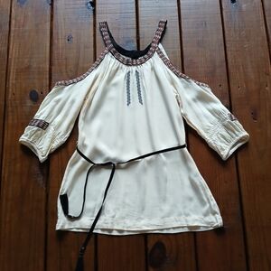S cream off the shoulder tassel tie boho embroidered blouse top